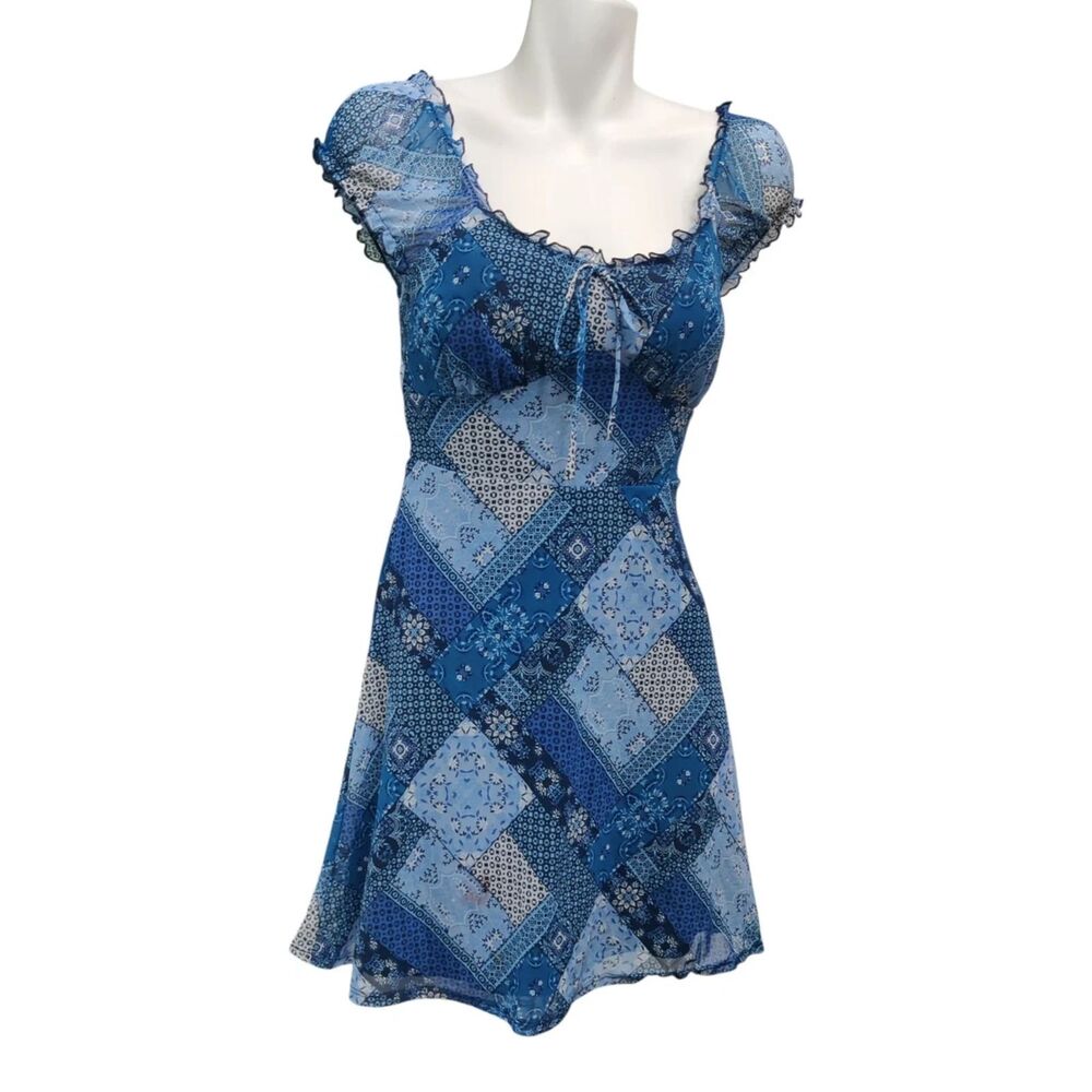 NOBO Mesh Blue Bandana Print Mini Dress Size XL Ruffle Milkmaid Cowgirl